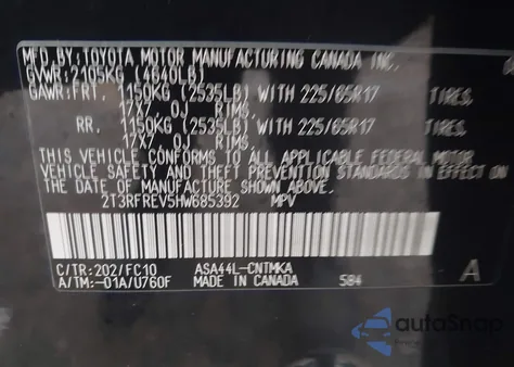 2017 Toyota Rav4 Xle из США, поврежденный, VIN 2T3RFREV5HW685392